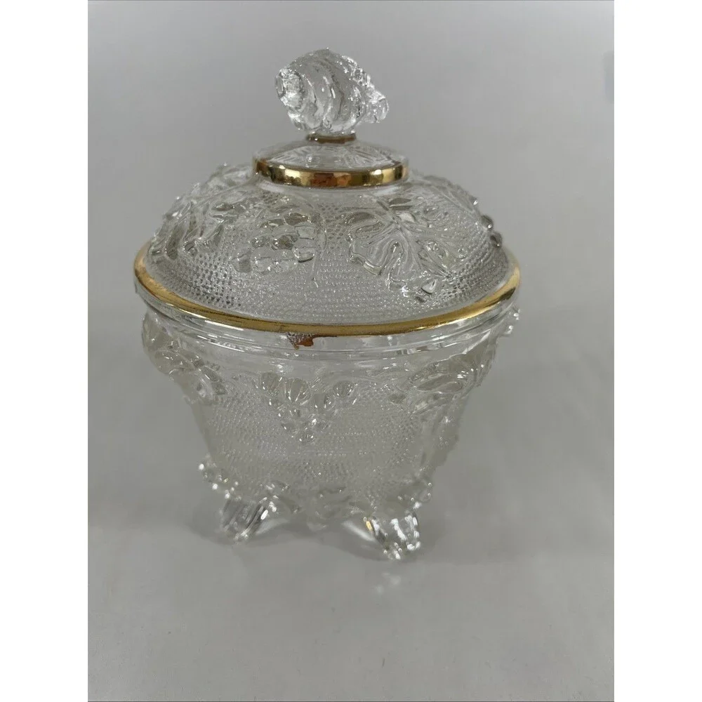 Jeanette Glass Clear Footed Candy Dish w/Gold Trim w/Lid Harvest Grape VTG